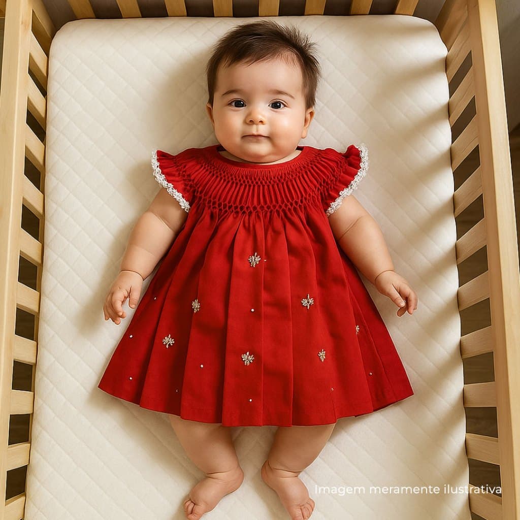 Vestido casinha de abelha bebê | 2~6 meses | Bordado à mão | - Vermelho