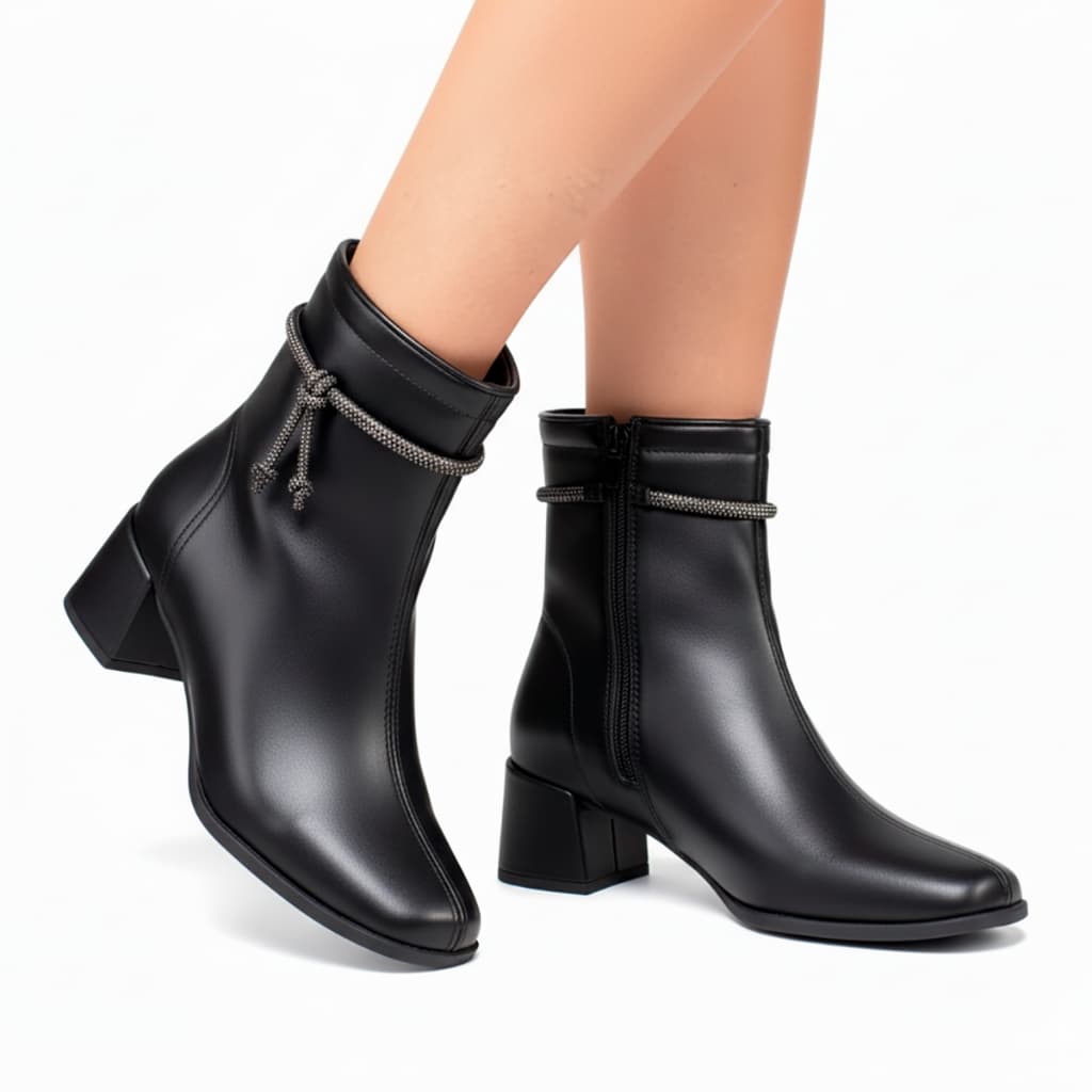 Bota Feminina Bico Fino Salto Bloco Baixo Detalhe em Strass e Brilho Casual Leve Confortável