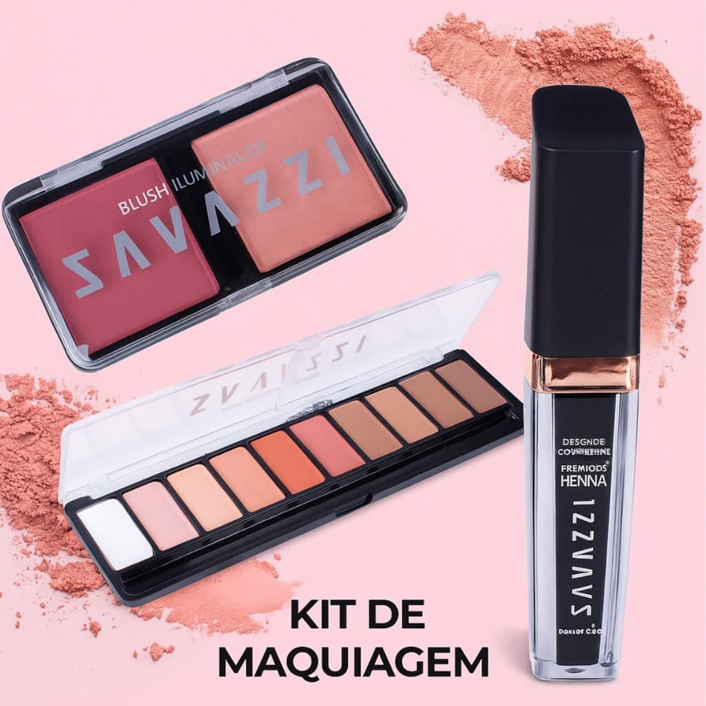 Kit Maquiagem 3 Itens - Paleta Sombra, Blush e Contorno, Henna Pronta Para Uso - Savazzi