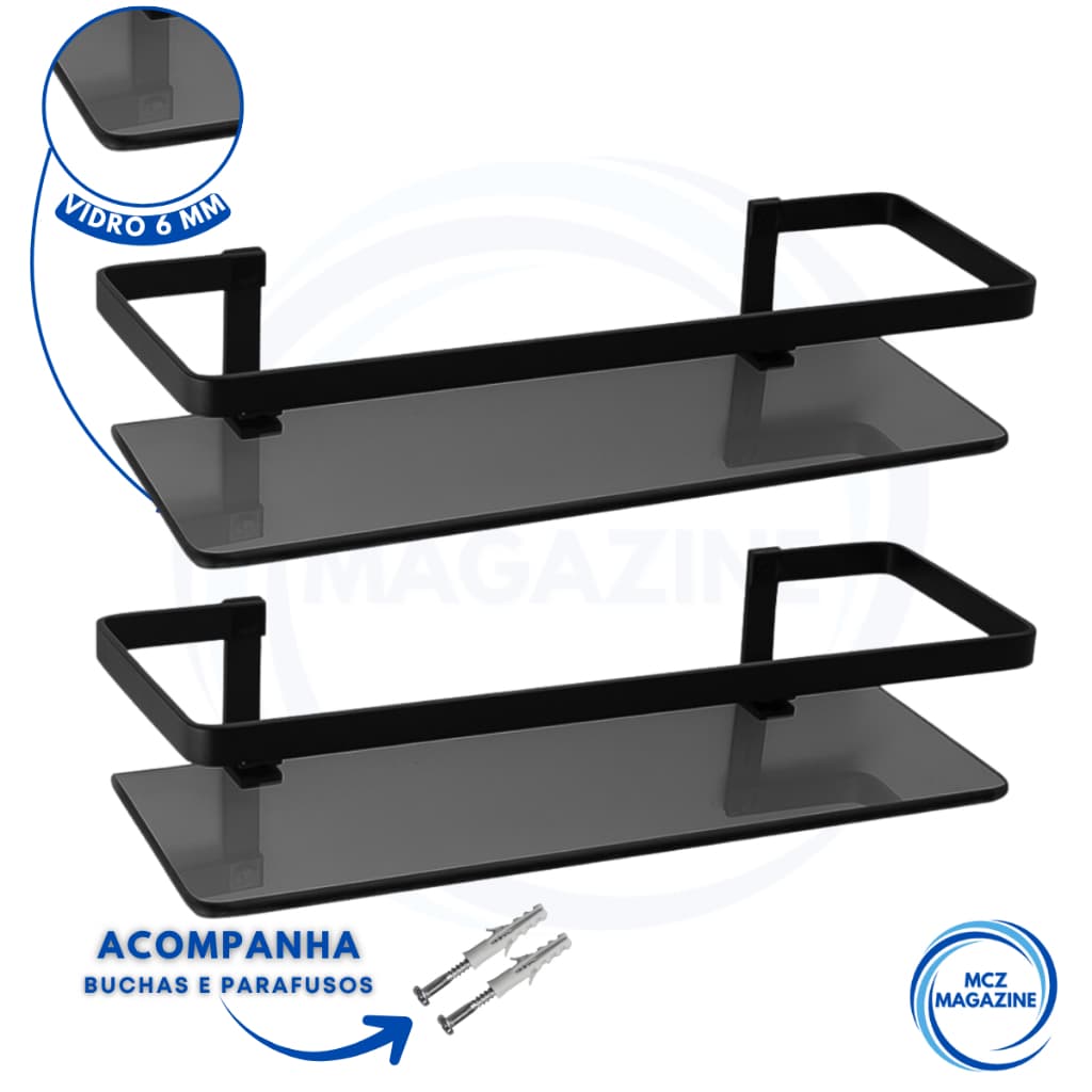 Kit 2 Prateleira Porta Shampoo Banheiro PRETO Vidro Reto Antiferrugem Suporte Parede Organizador