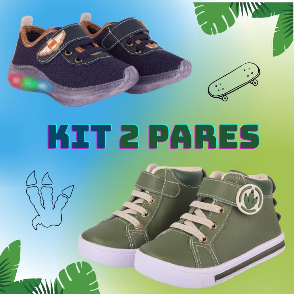 Kit 2 Pares Tênis Infantil Menino Led Colorido Calce Fácil e Botinha Verde Estilo Dinossauro Confortável