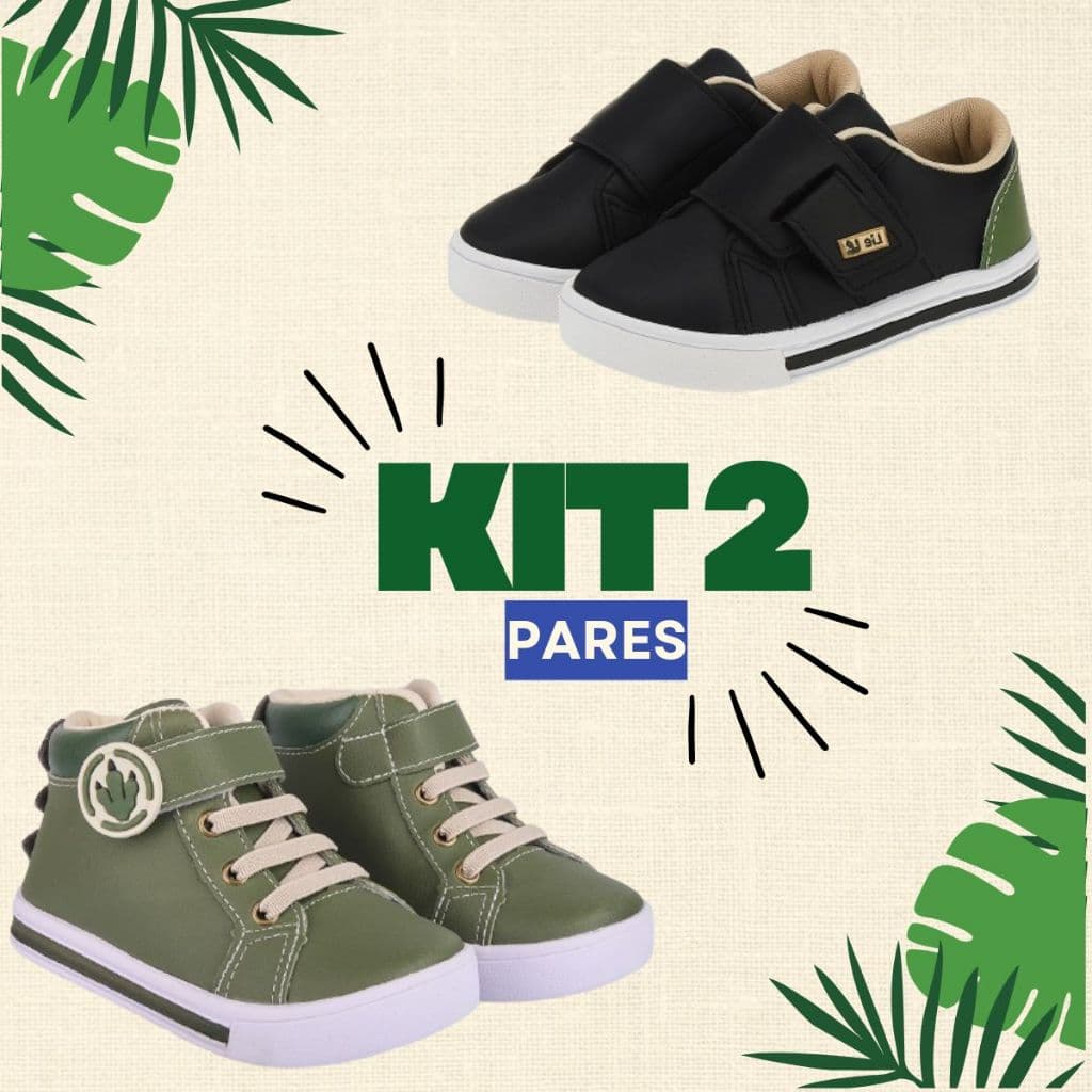Kit 2 Pares Tênis Infantil Menino Casual Masculino Confortável com Botinha Verde Dinossauro Cano Médio