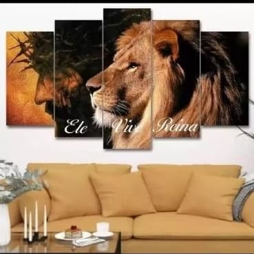 Quadro Decorativo Mosaico 5 Peças: O Leão da Tribo de Judá e o Cristo.