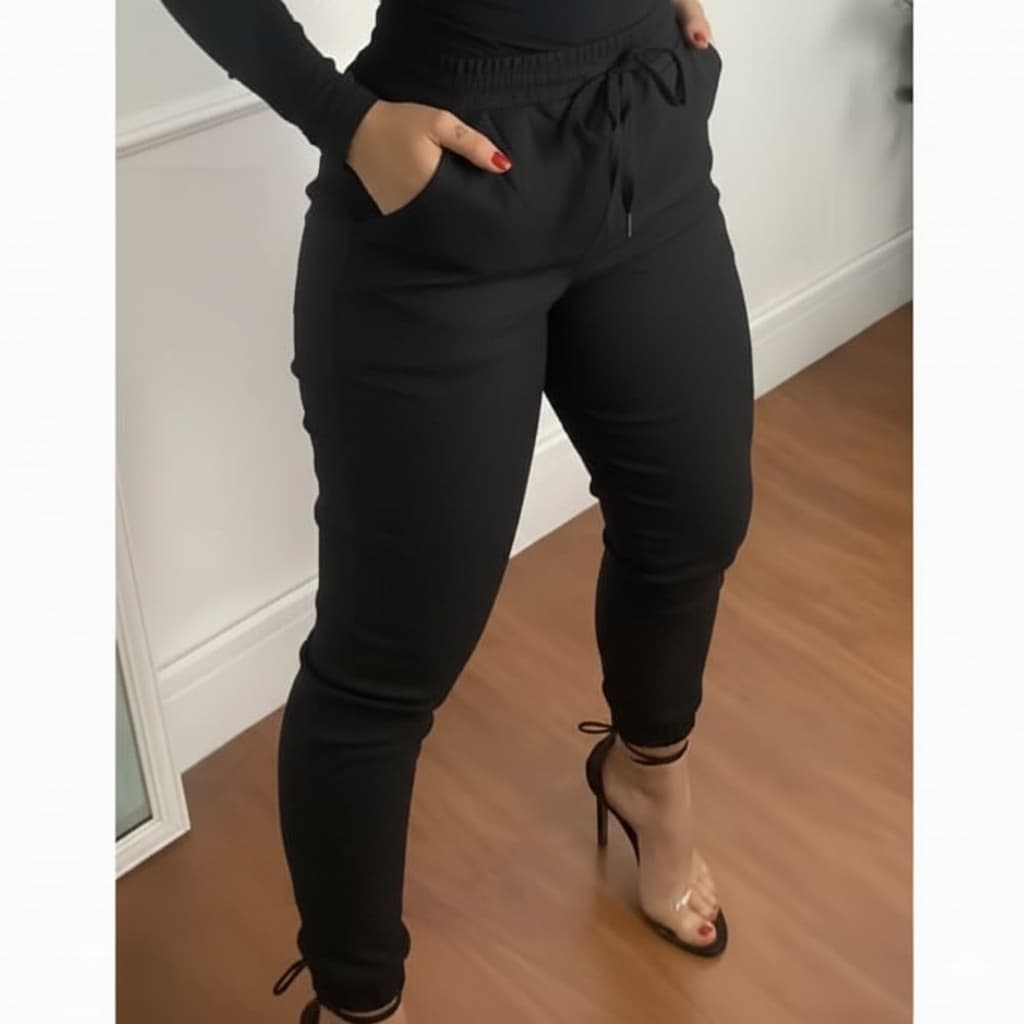 Calça Jogger Feminina Bengaline Cintura Alta Moda Blogueira Bolso Frontal