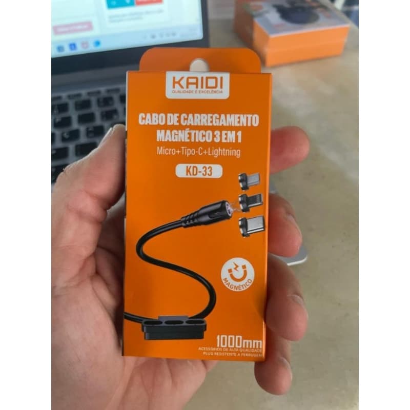 Cabo de Carregamento 3 em 1 Magnético (Lightning/V8/Tipo-C) 1 metro KAIDI KD-33