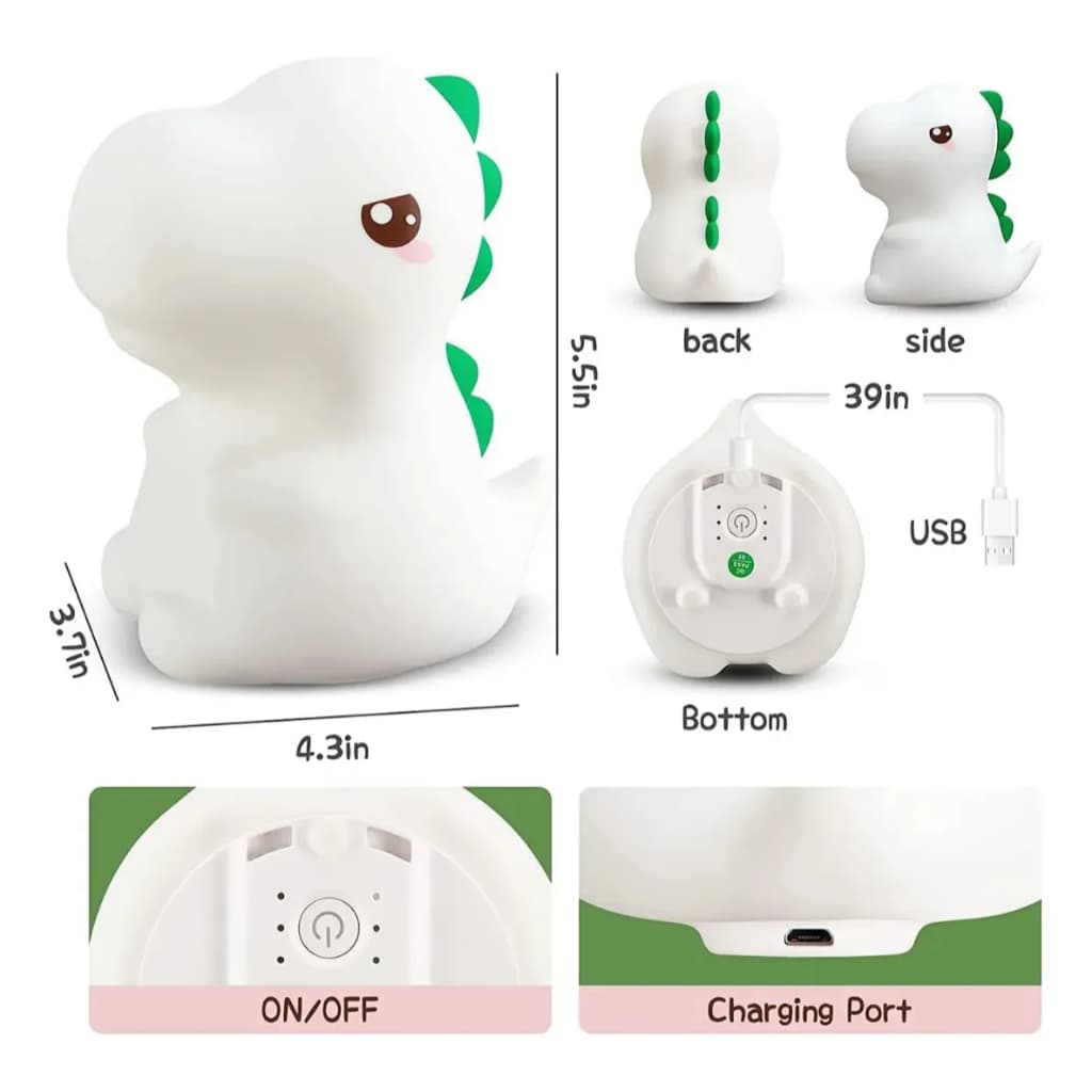 Luminária de Silicone LED RGB Noturna Sensor De Toque Coelho Fofo e dinossauro   Recarregável De USB
