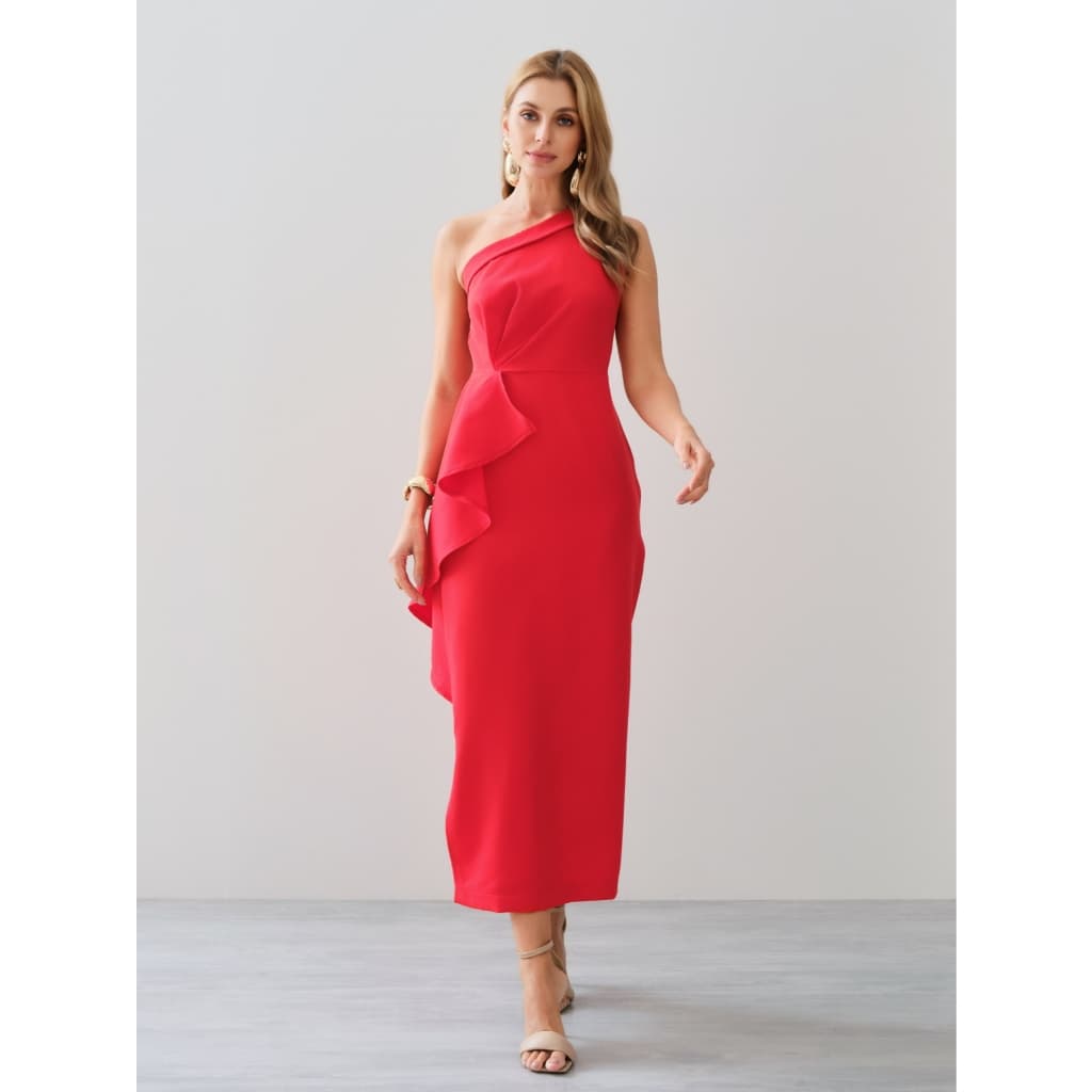 YAN FASHION Vestido Feminino Ombro Único Alfaiataria Elegante Casual Festa Formatura Babado Ajustado