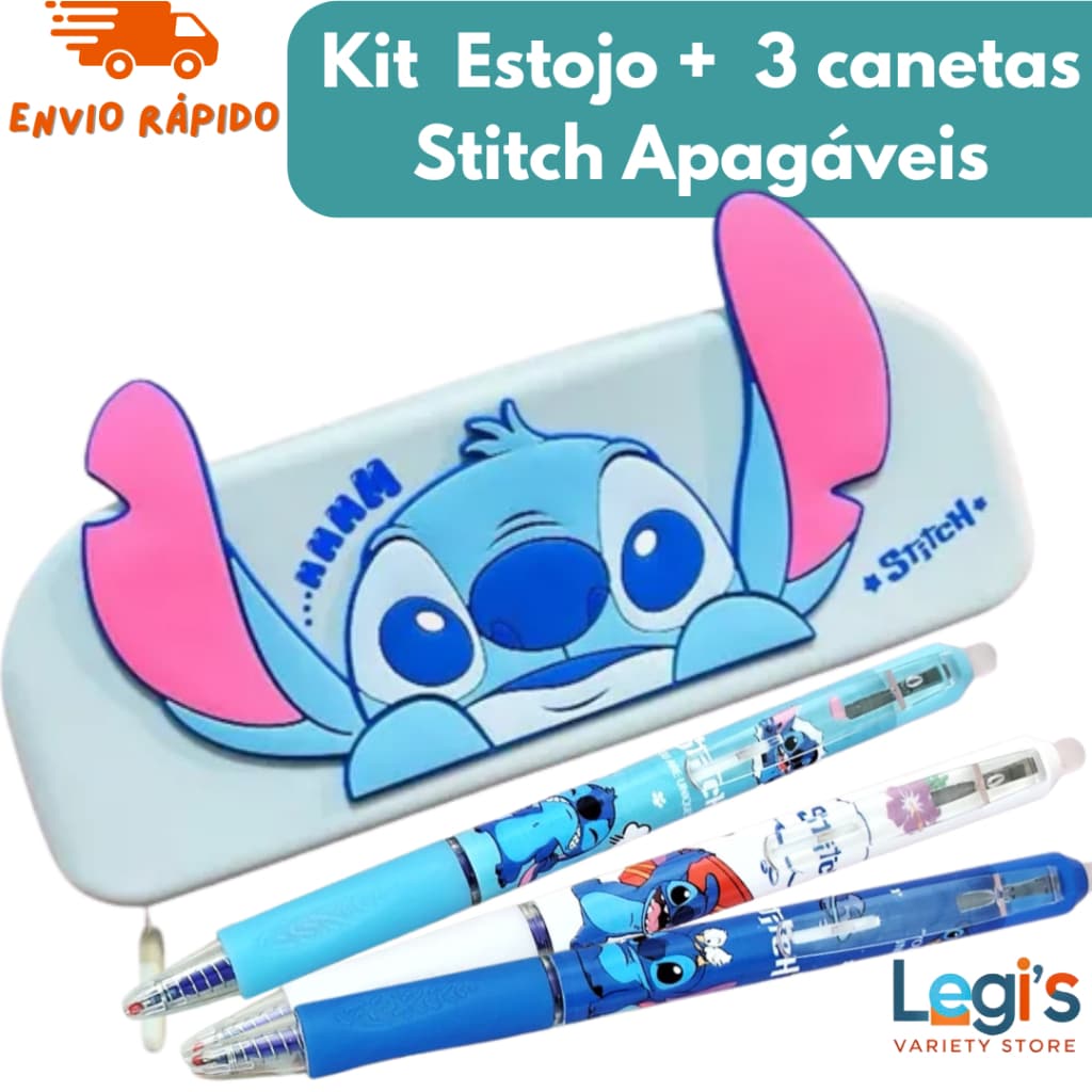 Stitch | Kit Papelaria Escolar – Estojo Silicone + 3 Canetas Apagáveis, Ideal para Escola e Estudo