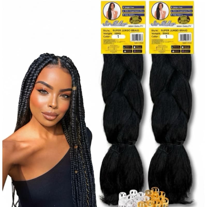 Kit 2 Aplique Cabelo Jumbo Ser Mulher Jumbão Box Braids Cor#1 Preto  + 10 Anéis Para Tranças