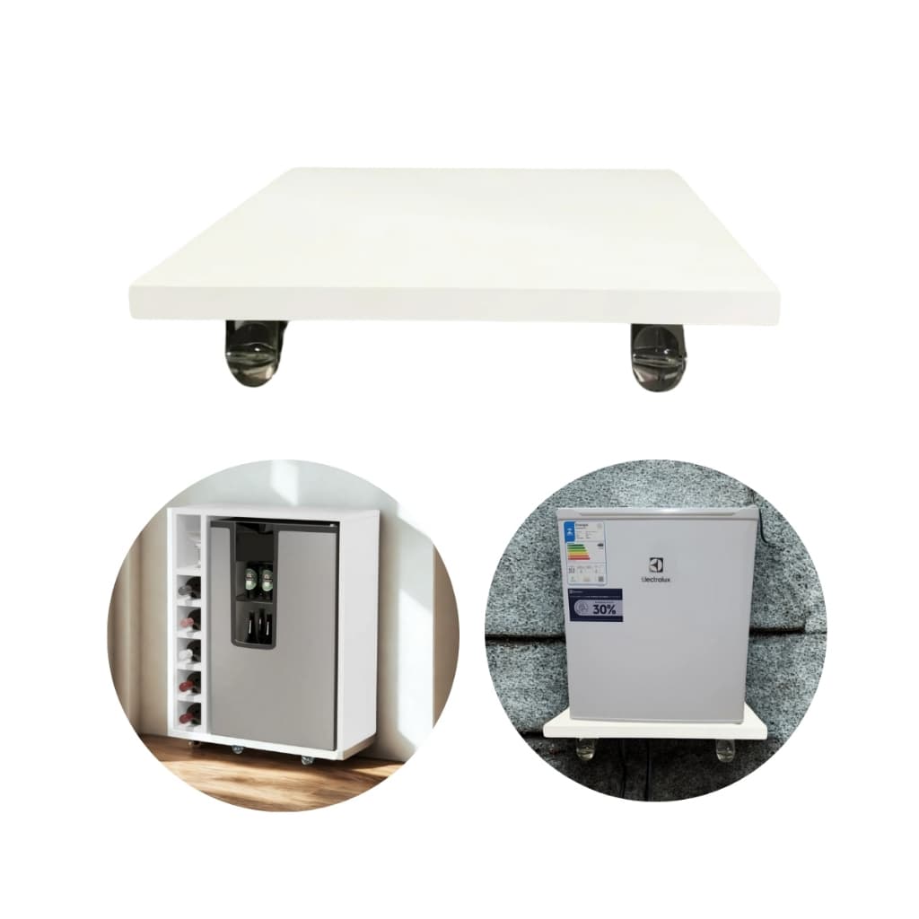 Suporte Carrinho para Frigobar Cervejeira 53cm Rodinhas Gel Silicone com Freios Base em Mdf Branco