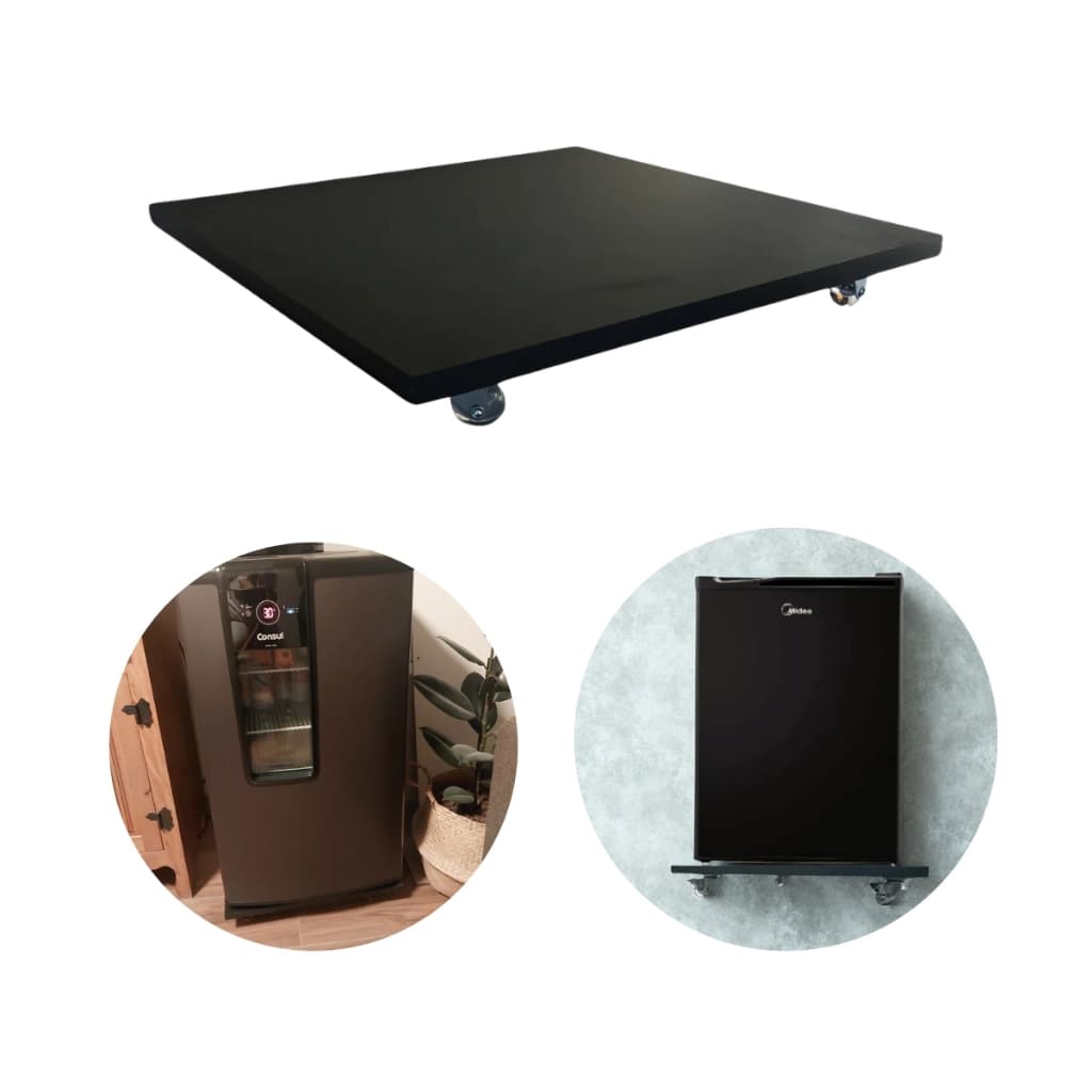 Suporte Carrinho para Frigobar Cervejeira 53cm Rodinhas Gel Silicone com Freios Base em Mdf Preto