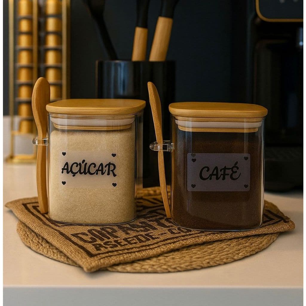 Kit Pote Hermético de Vidro com Tampa e Colher de Bambu Personalizado 500ml - Açúcar, Café ou Sal |Cozinha