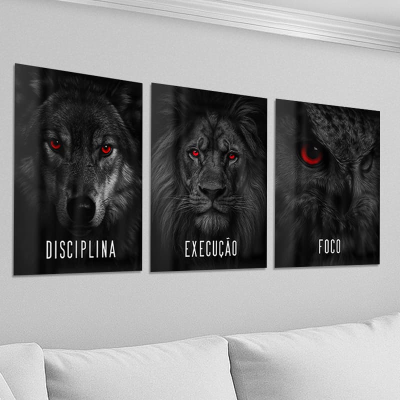Kit 03 Quadros Decorativas Lobo, Leão, Coruja, Animais, Sala, Decoração, Placa, quadro presente