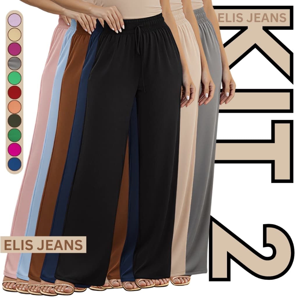 Kit 2 Calça Feminina Wide Leg Cintura Alta Pantalona Alfaiataria