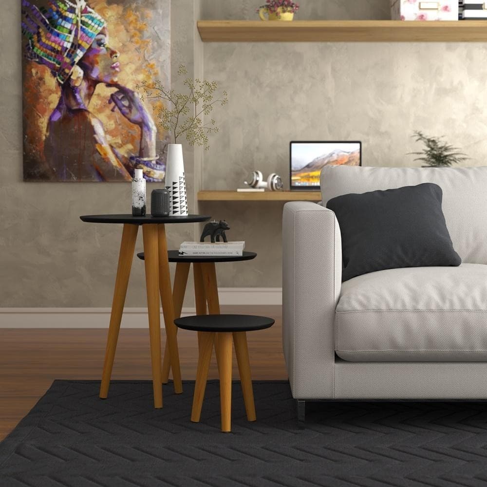 Conjunto de Mesas Laterais Pretas com Pés Palito Mesa de Apoio para Sala Moderna Mesa 4203 Ofertamo