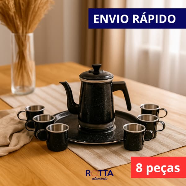 KIT CAFEZINHO 8 PEÇAS BULE 6 XICARAS 1 BANDEJA ALUMINIO RETRO VINTAGE RUSTICO CANTINHO DO CAFE JOGO DE CAFE