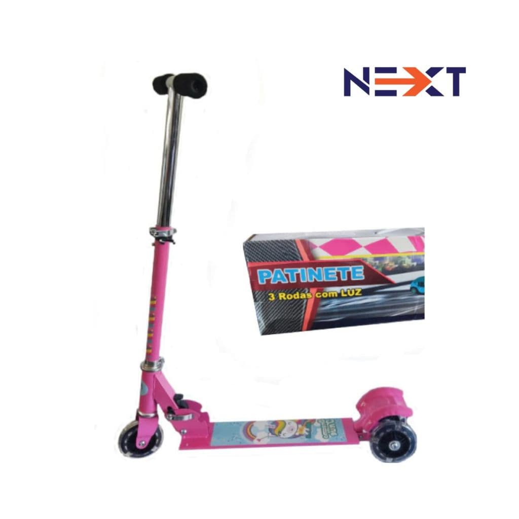 Patinete Infantil Rosa 3 Rodas Com Luz Base Dobrável E Guidão De Altura Ajustável Até 40kg