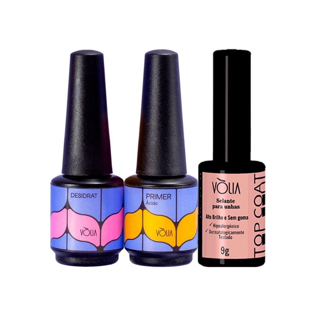 Kit Top Coat Clear + Primer Acido + Desidratador De Unhas Vòlia