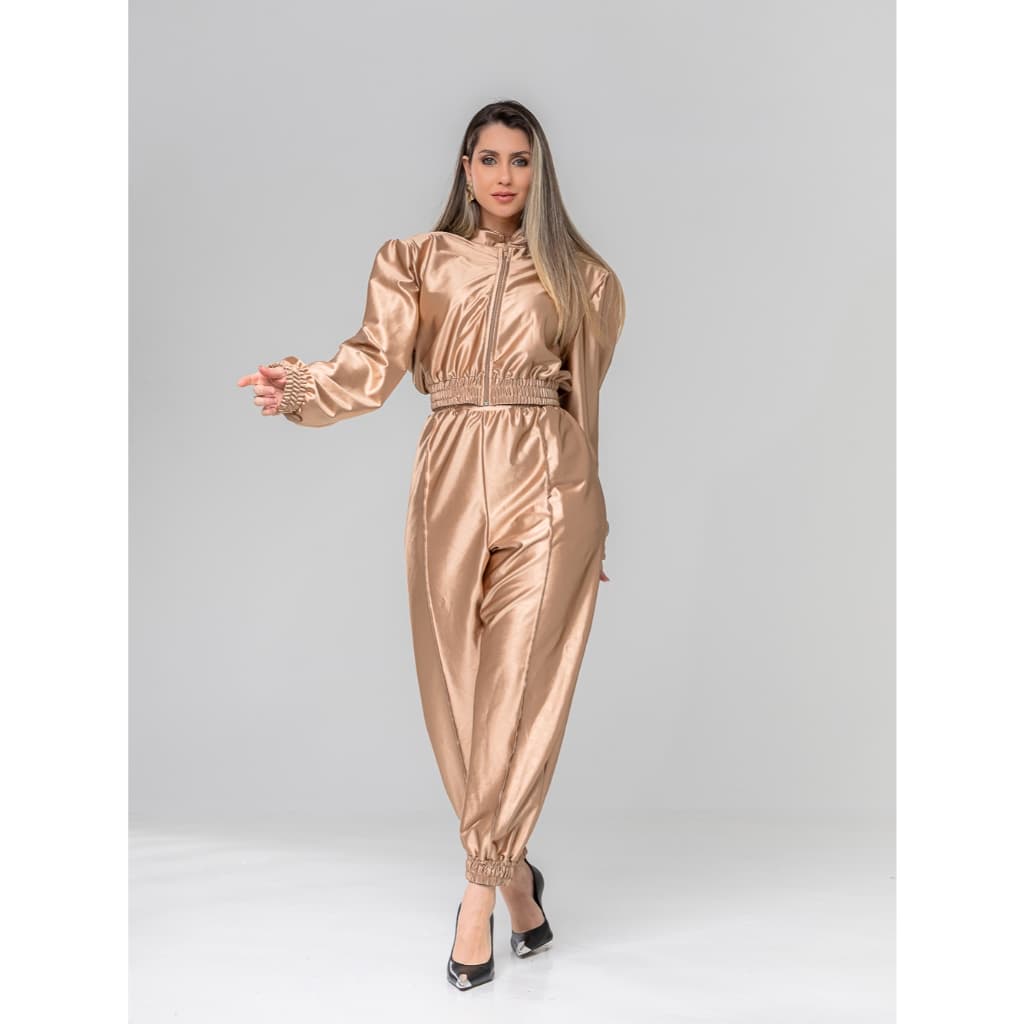 Conjunto Feminino Plus Size Elegante Blusa Manga Longa com Zíper e Ombreiras no Ombro Calça Jogger Tecido Cetim Elastano