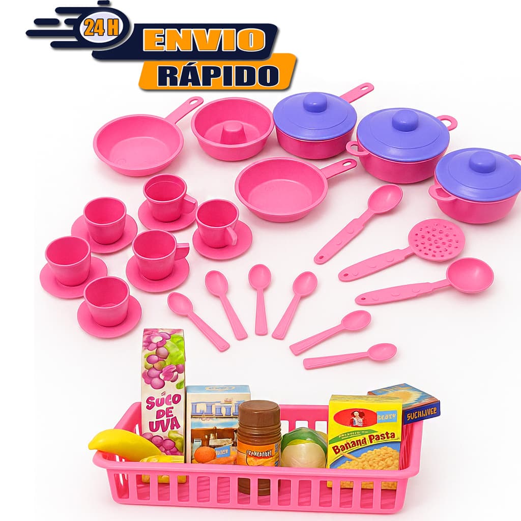 OFERTA Kit meu Mercado + xicaras + panelinhas + forma de bolo pudim + concha + colher + pires