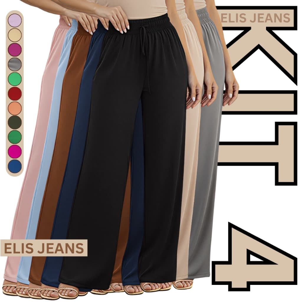 Kit 4 Calça Feminina Wide Leg Cintura Alta Pantalona Alfaiataria