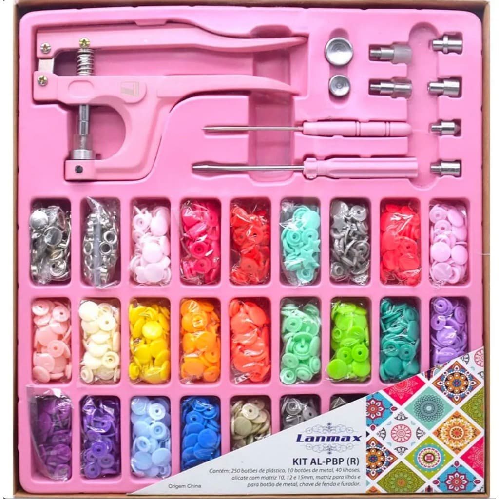 Kit Botão de Pressão Alicate 3 em 1 Lanmax Rosa com Botões e Ilhoses – Costura e Artesanato