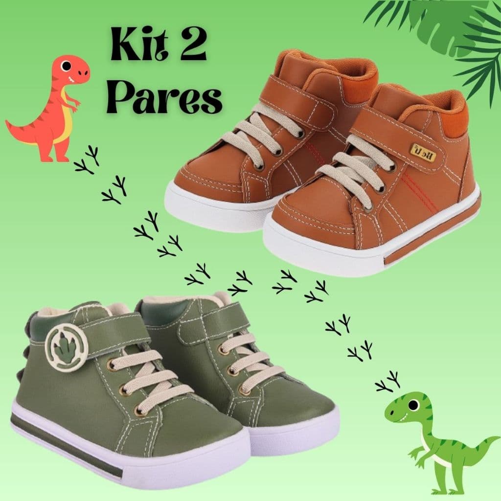 Kit 2 Pares Sapatênis Infantil Menino Social Escolar Confortável Cano Medio Botinha Dinossauro Elástico