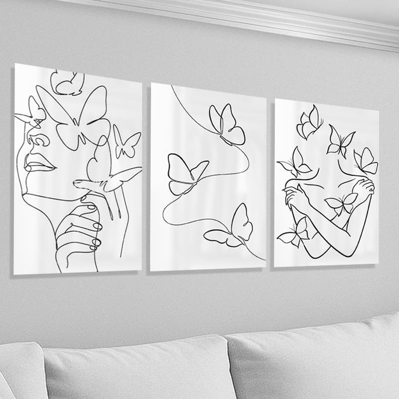 Kit 03 Quadros Linha Contínua Mulher Liberdade, Borboletas, Peças Arte, Sala, Decoração, quadro