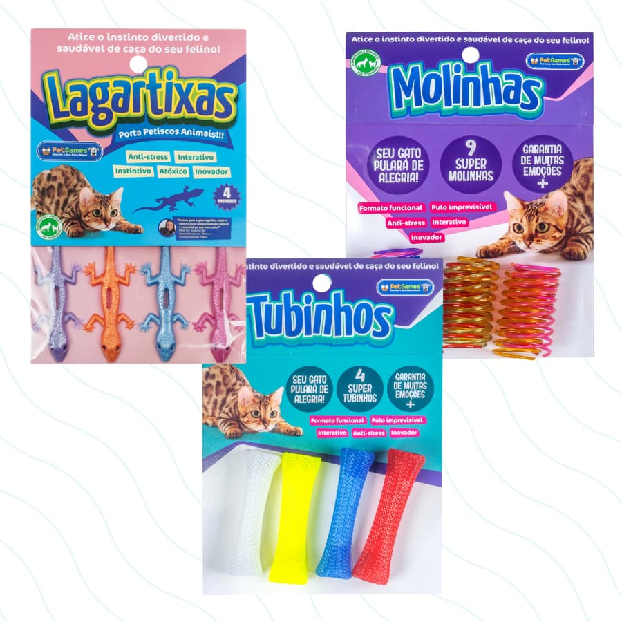 Kit Pet Games Com 9 Molinhas + 4 Lagartixas + 4 Tubinhos Brinquedo Saudável Para Gato Caçar