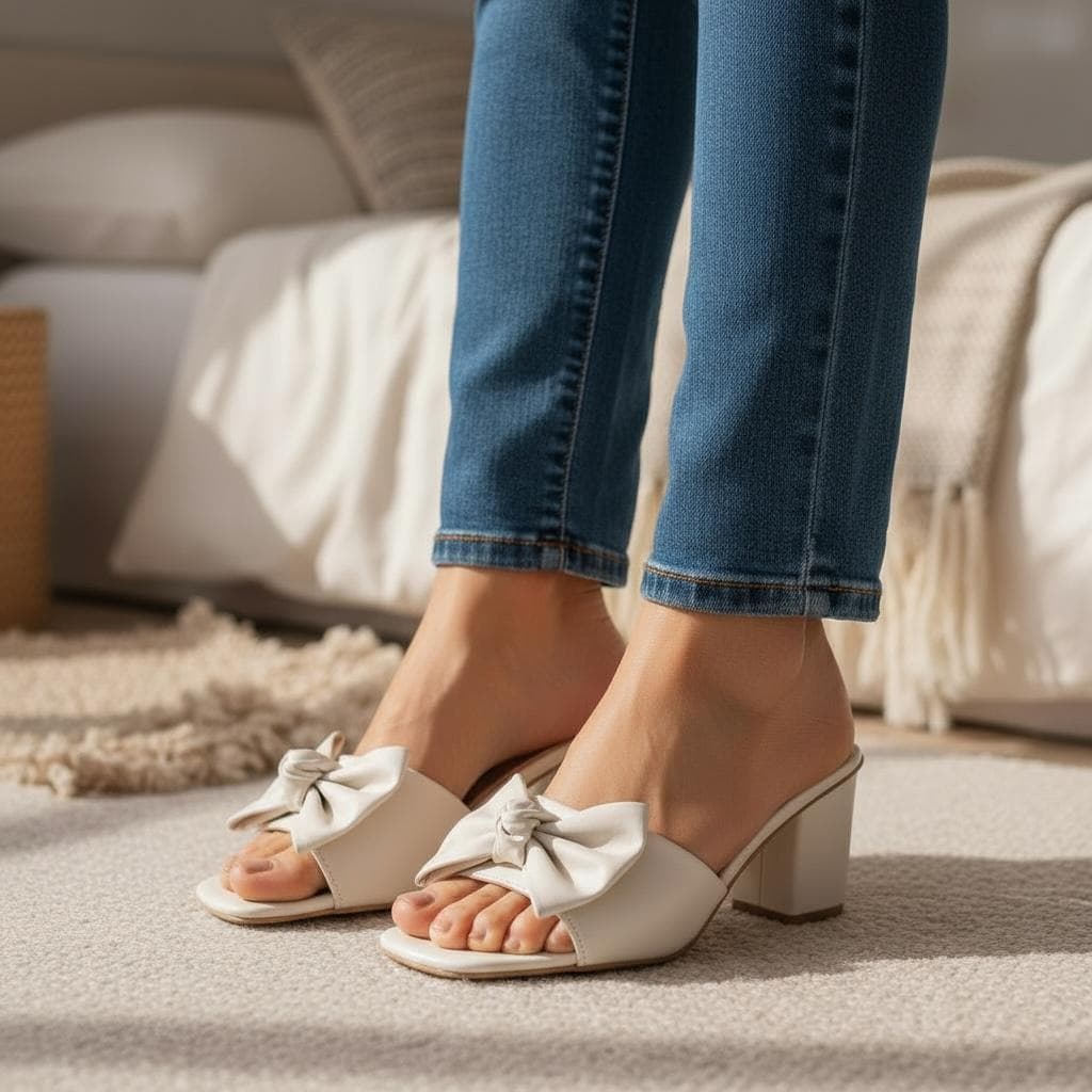 Sandália Feminina Tamanco Salto Bloco Baixo Com Laço Cores Básicas Preto, Antique,Rosa,Offwhite