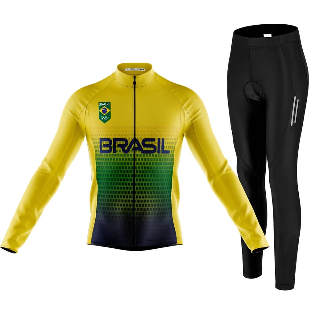 Conjunto Camisa Manga Longa Brasil Com Calça Ciclismo Espuma Refletivo