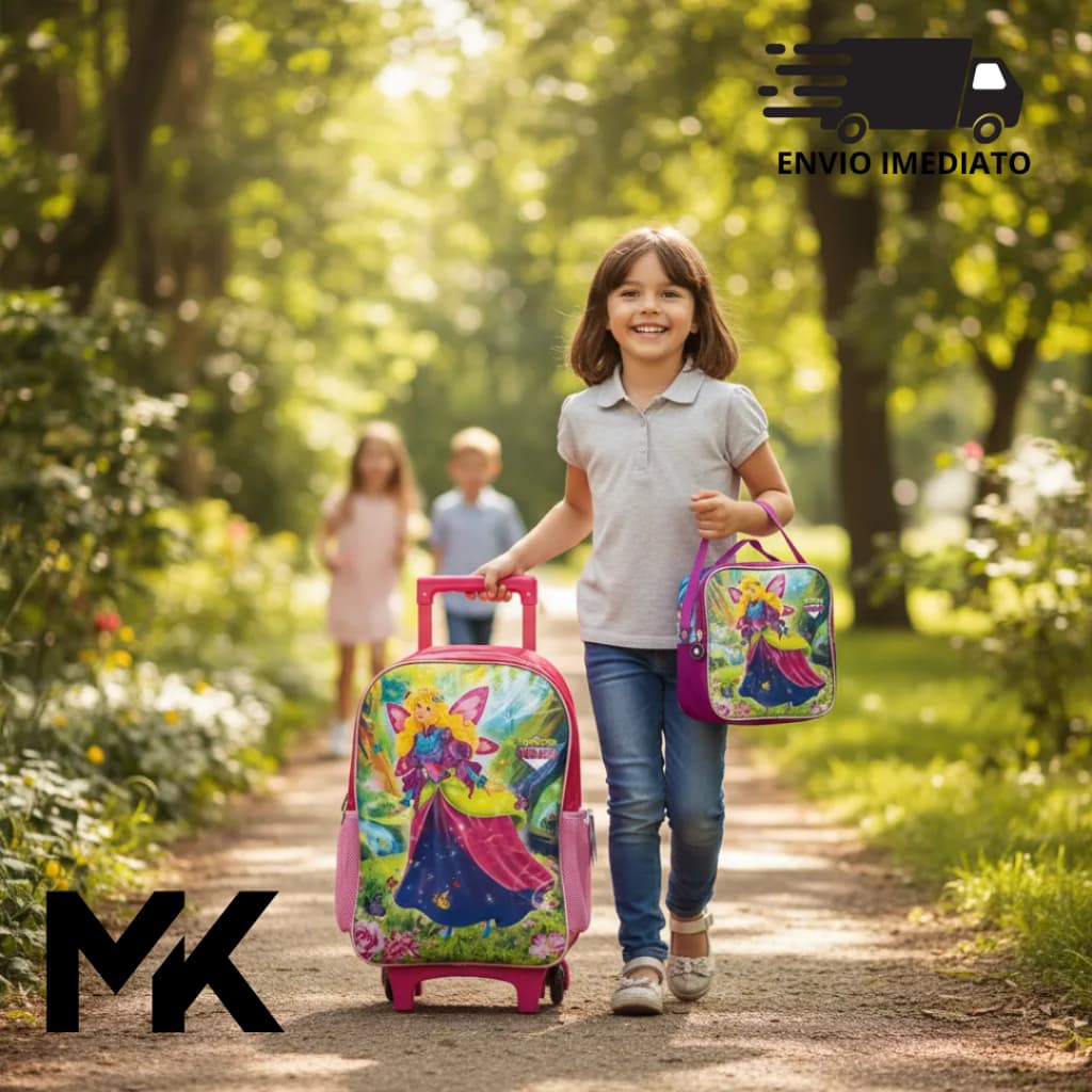 Kit Mochila Infantil Rodinhas Lancheira Princesa Rosa Escolar Facil Transporte Volta Aulas Presente