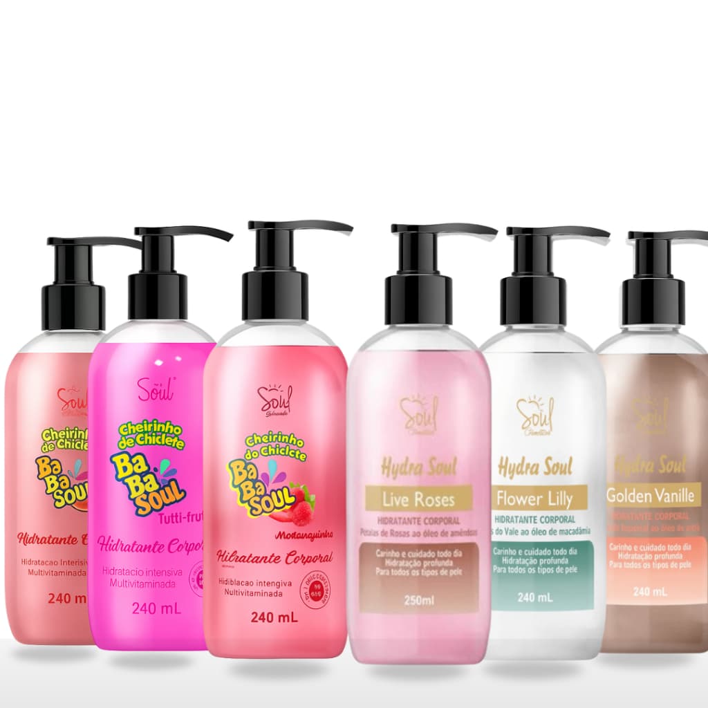 Kit 6 Hidratante Corporal - Babasoul Soul 240ml – Fragrâncias de Chiclete Tutti-Frutti, Melancia e Morango