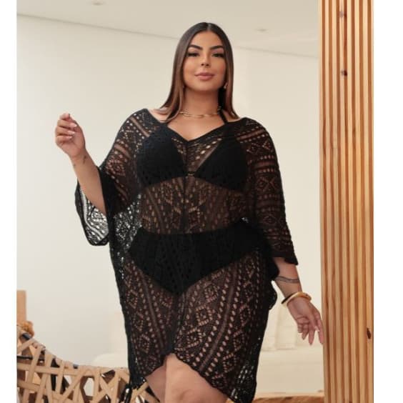 Vestido Saída de Praia Plus Size Tricô Feminino Curto Ombro Caído Decote V 46 a 52  Lupinacci Tricot