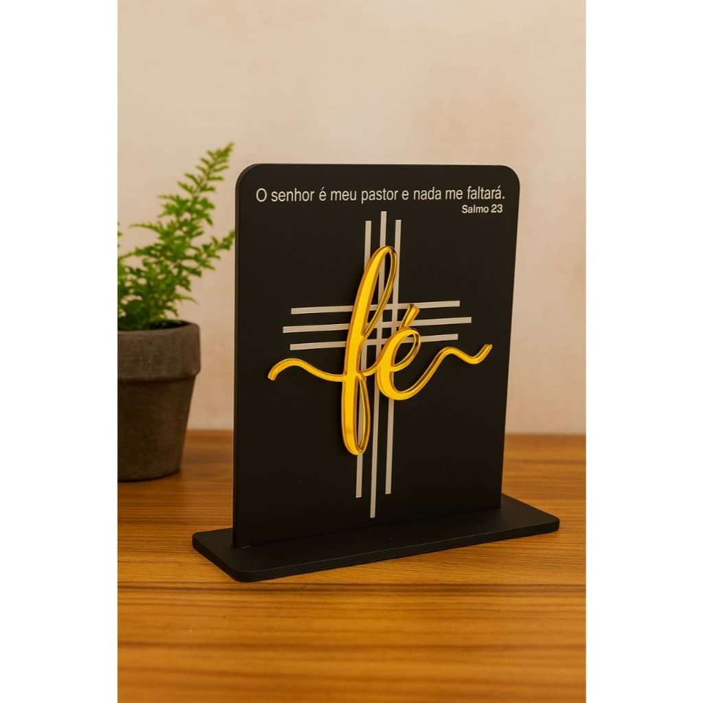 Placa Decorativa Fé em Acrílico Espelhado Dourado – Salmo 23 | Acrílico Preto ou Cristal - Presente dia das Mães