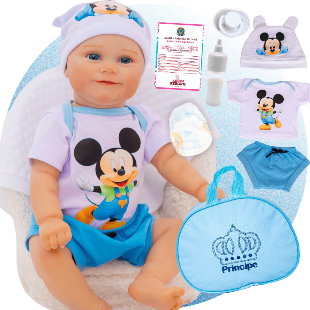 Bebê Boneco  Reborn Menino Madie Mickey  Com Kit Bolsa Maternidade Corpinho Em Silicone Pode Dar Banho