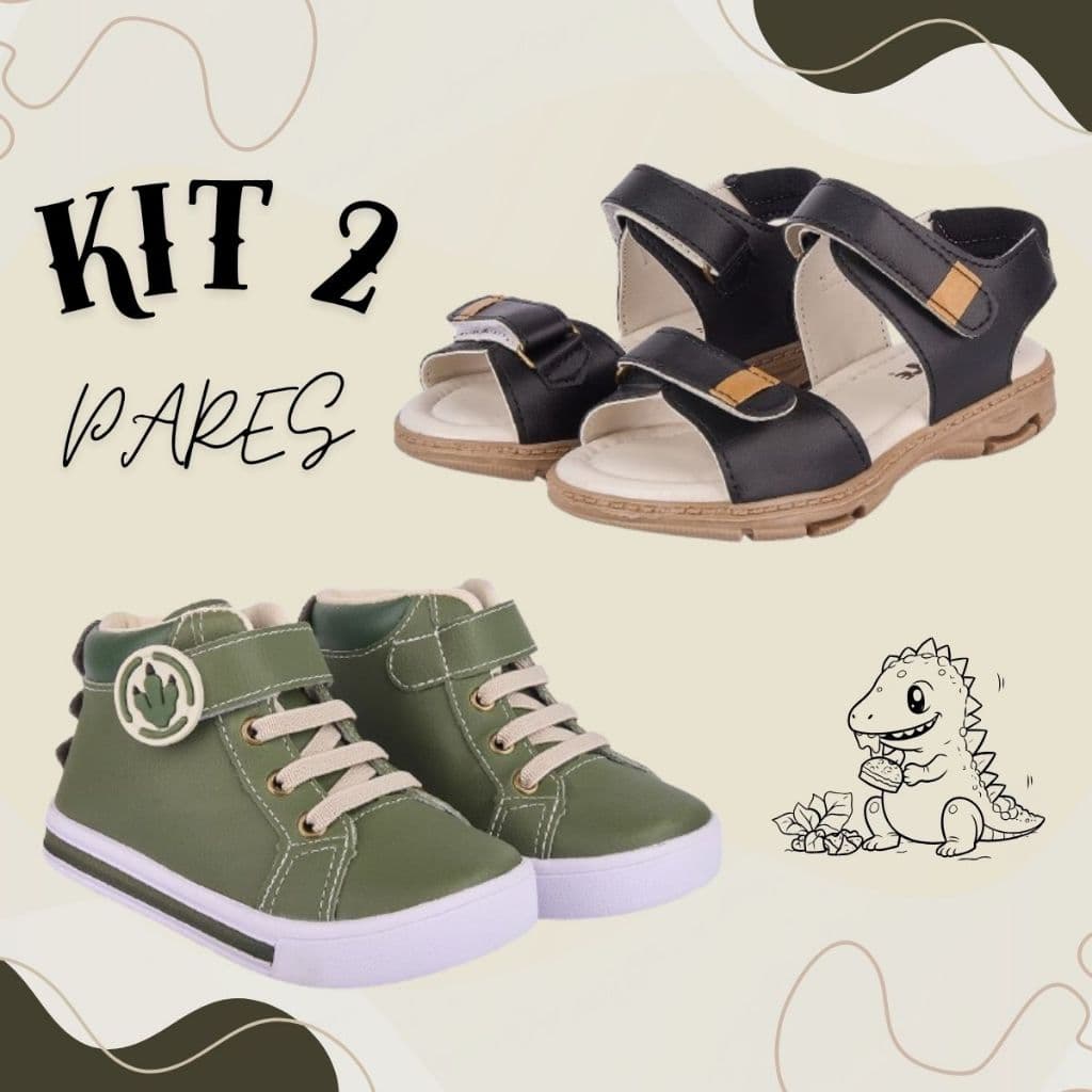 Kit 2 Pares Tênis Infantil Menino Botinha Dino Elástico Cano Médio e Sandália Papete Confortável Escolar