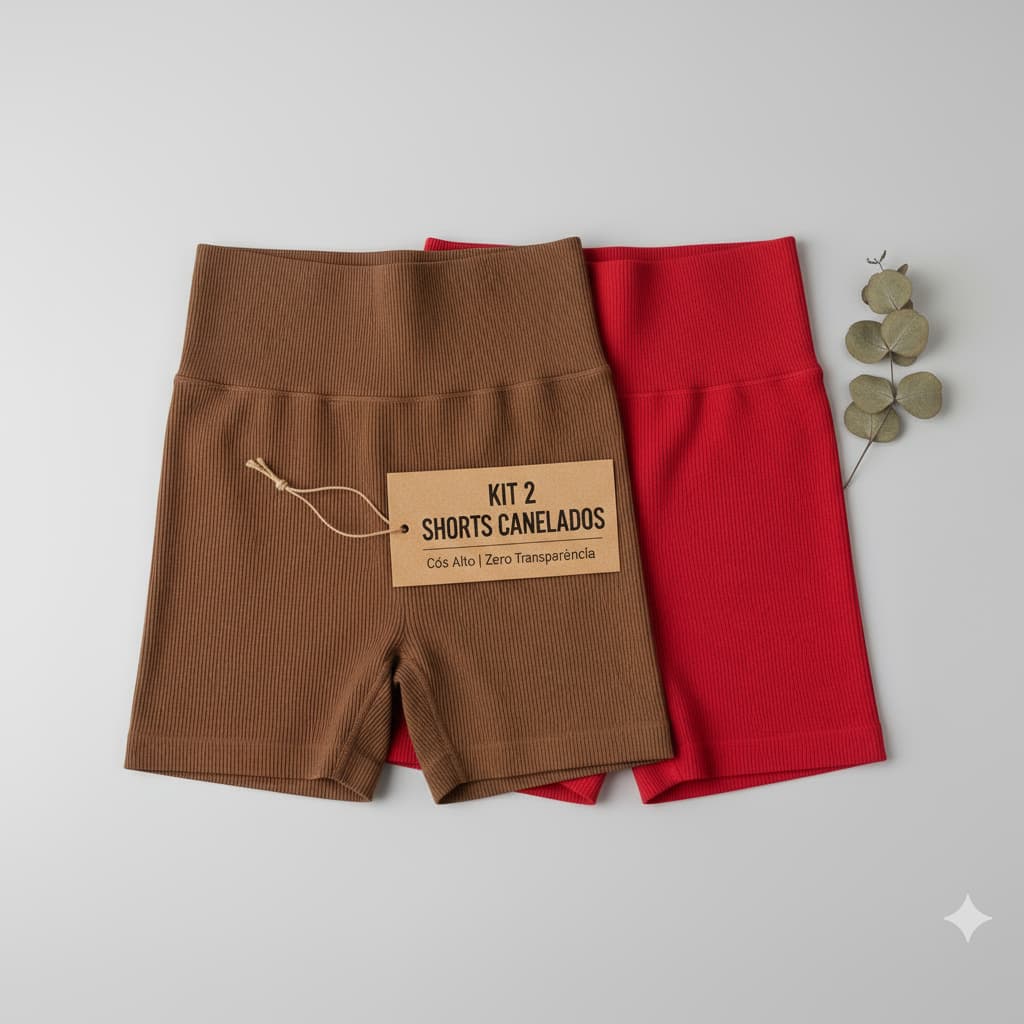 Kit 2 Shorts Canelado Cós Alto Fitness Academia Zero Transparência Legging Curta