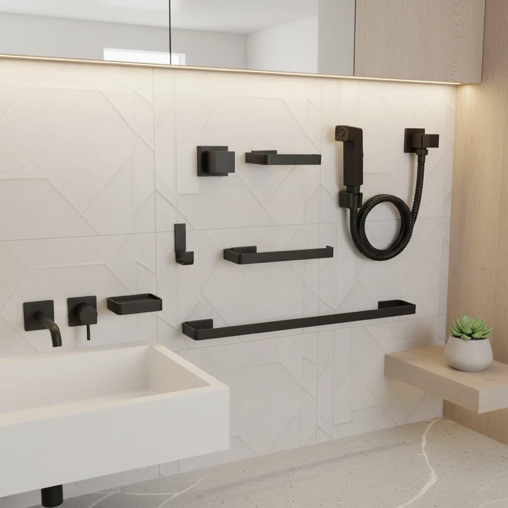 Kit Acessórios Para Banheiro Completo 4 Peças + 1 Acabamento Registro Deca + 1 Ducha Higiênica Preta