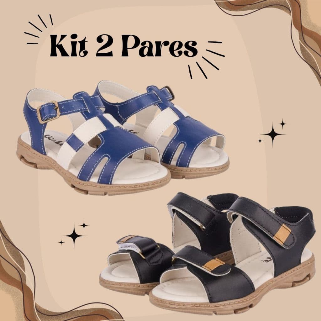 Kit 2 Pares Sandália Infantil Menino e Papete Masculina Fivela e Fecho Duplo Ajustável Confortável