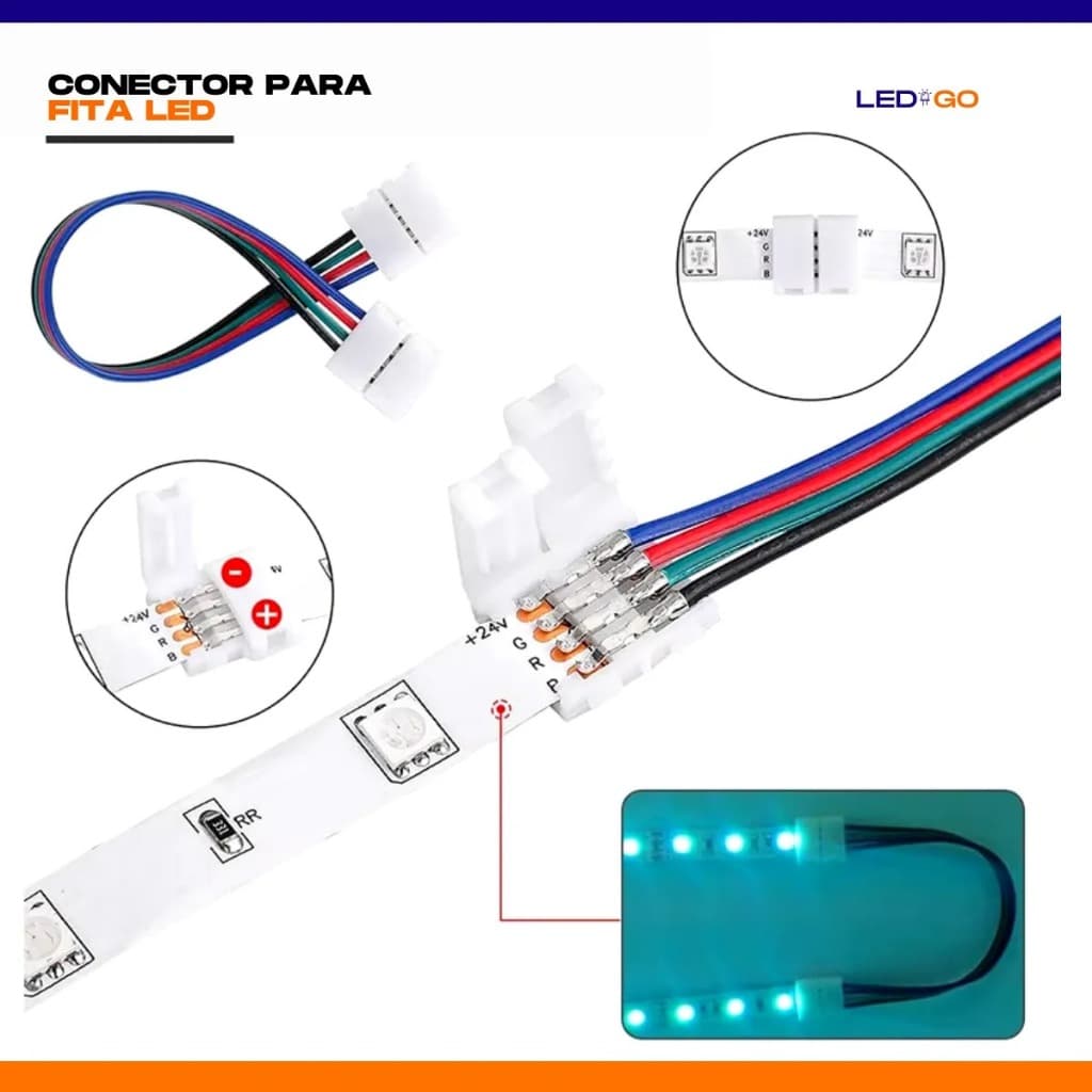 Cabo Conector Fita RGB 4 Vias 10mm  LED 5050 3528   Emenda Extensor
