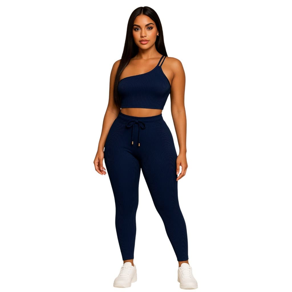 Conjunto Canelado De Academia Calça Legging + Top Com Bojo Removível Top Com Elástico Legue Grossa