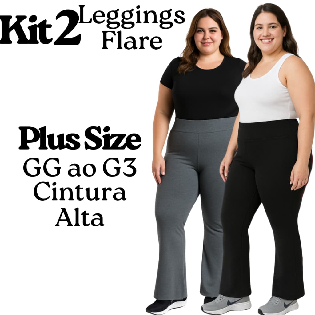 Kit 1 ou 2 Calças Flare Plus Size Legging Bailarina Boca De Sino Cintura Alta Casual Elegancia GG G1 G2 G3 Preta e Cinza