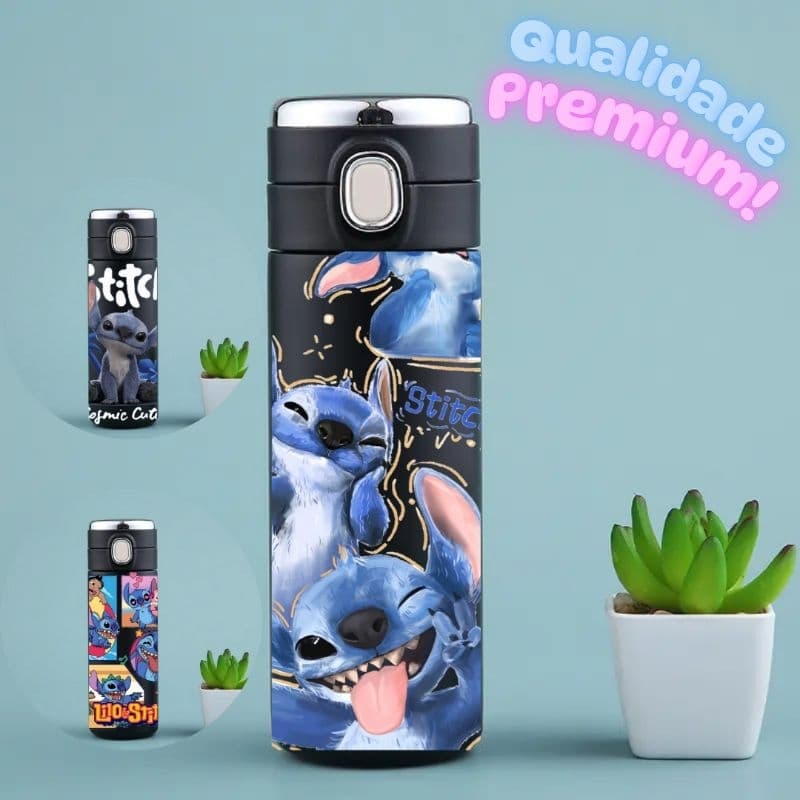 Garrafa Térmica Stitch 420ml Inox Com Botão e Trava Antivazamento Qualidade Premium Mantém Bebida Gelada ou Quente