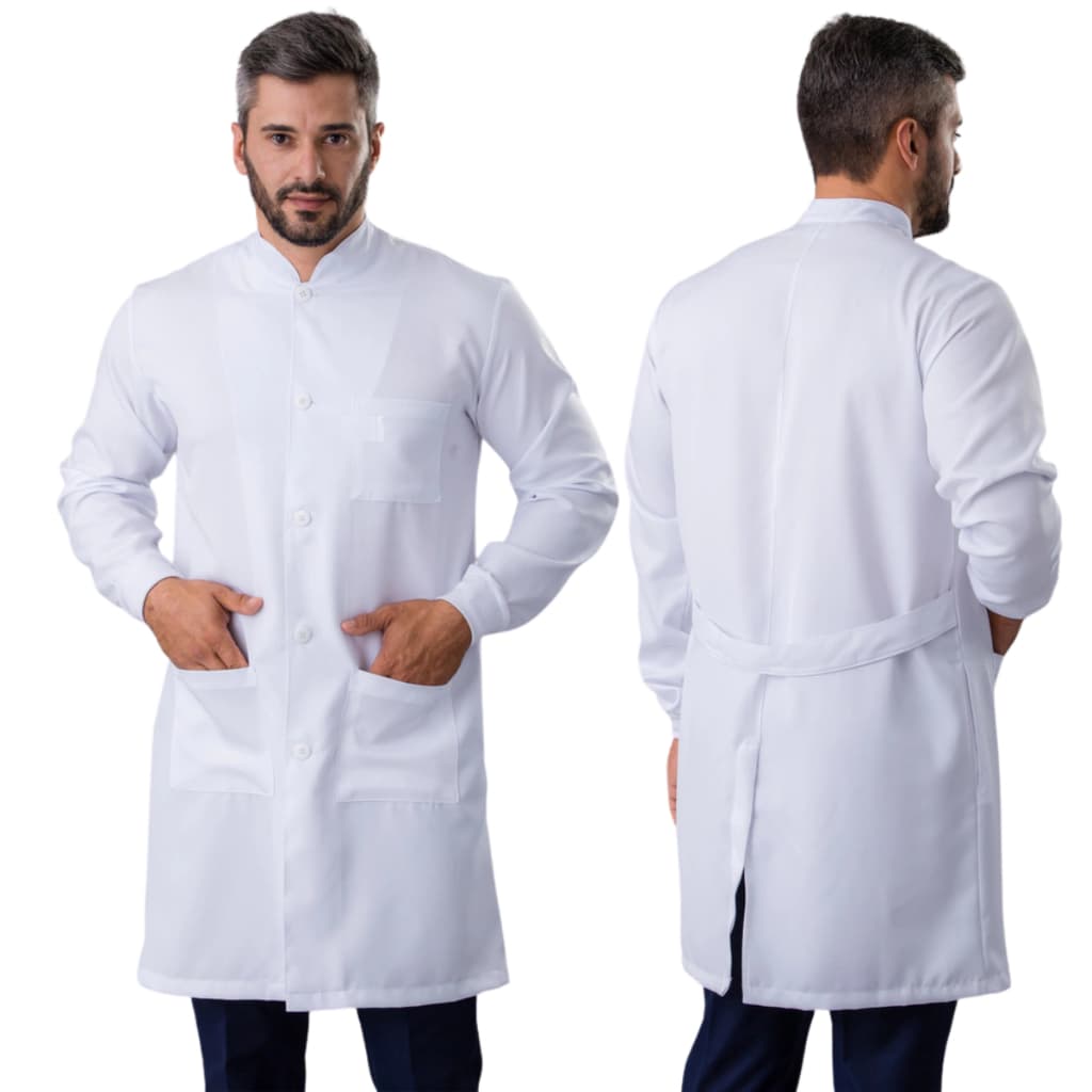 Jaleco Masculino Gabardine Com Punho Manga Longa C/3 Bolsos Gola Padre Branco
