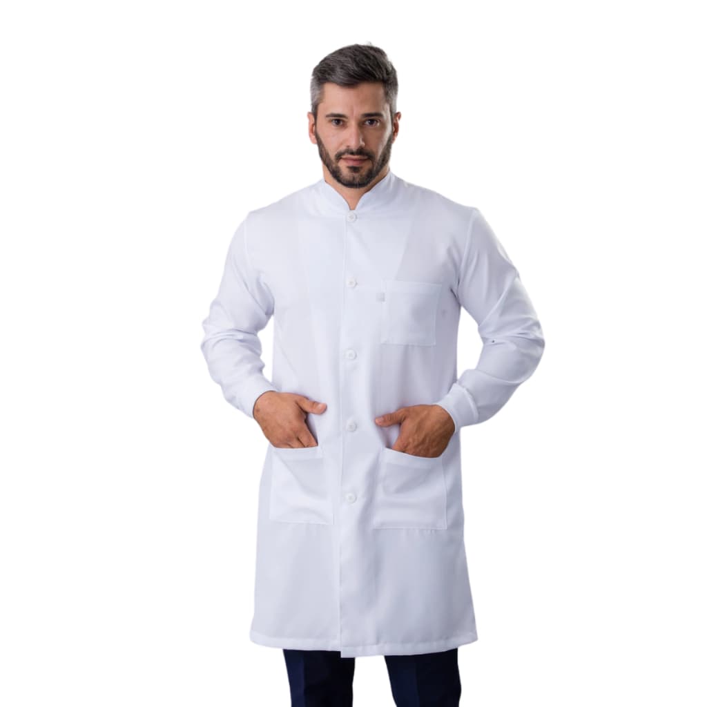 Jaleco Masculino Com Punho Gabardine Manga Longa C/3 Bolsos Gola Padre