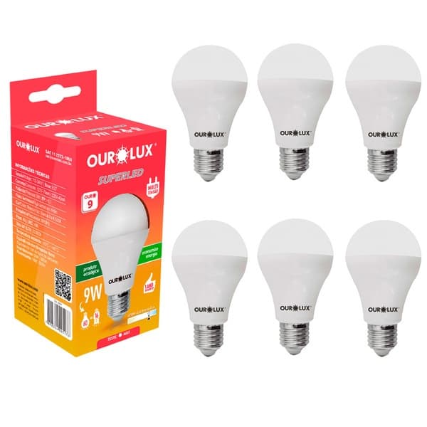 Kit Lâmpada LED Ourolux 9w Bivolt 6500k Luz Branca E27 Econômica