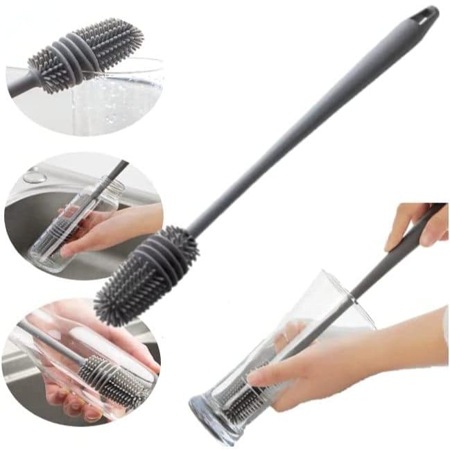 Escova de Silicone para Lavar Garrafas, Mamadeiras, Copos e Taças - Cinza