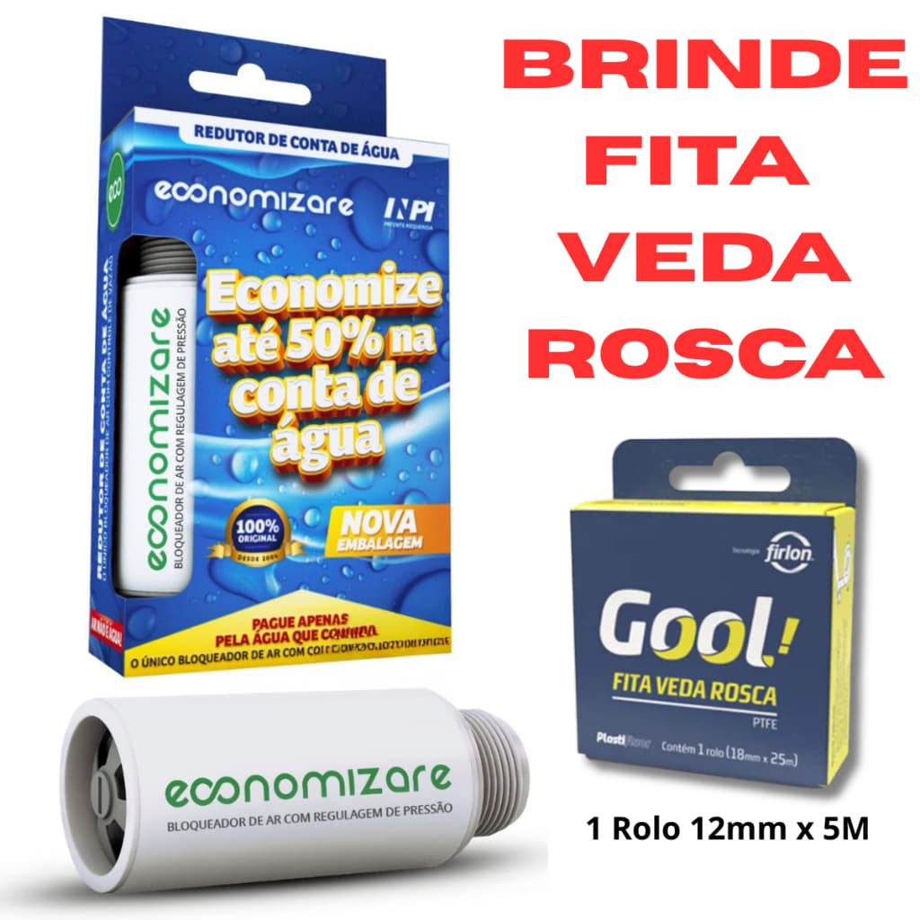 Bloqueador de Ar Redutor de Conta de Agua Economizare com regulagem de vazão de agua Original + brinde Fita Veda Rosca