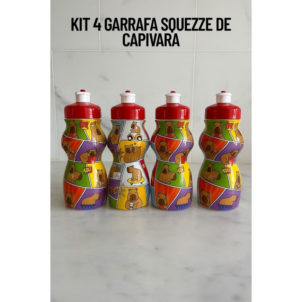 KIT 4 GARRAFINHAS PARA ÁGUA SQUEZEE 200 ML TEMA INFANTIL CAPIVARA CRIANÇA ESCOLA DIVERÇÃO